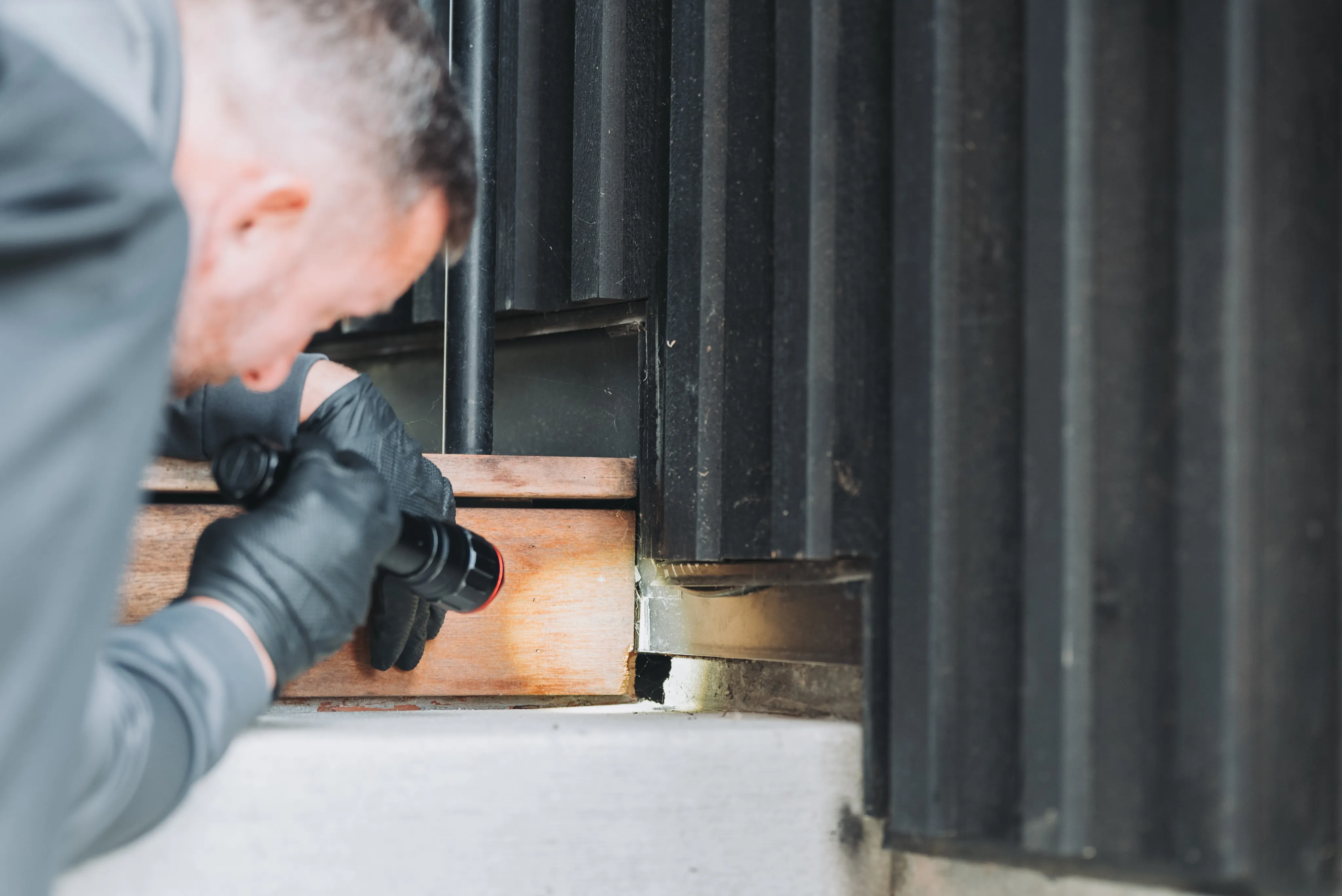 An A&A Pest Control technician shining a flashlight along the base of a house siding during a rodent inspection