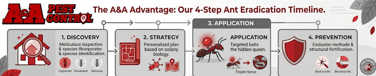 Infographic showing the 4-step professional ant control process: Discovery, Strategy, Application, and Prevention by A&A Pest Control.