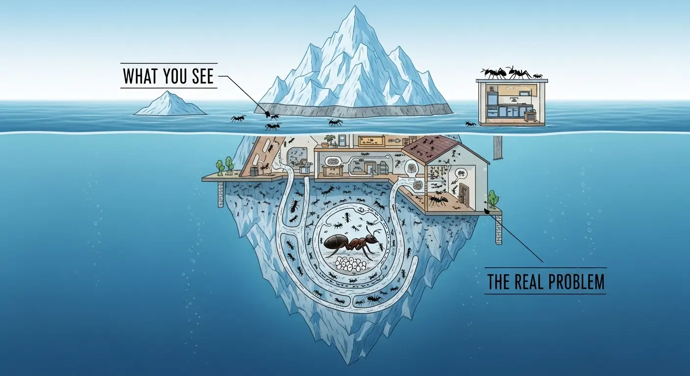 An illustration of an iceberg representing an ant infestation. The small tip above water shows a few ants on a counter, labeled 'What You See.' The massive, hidden base below water shows a large ant colony with a queen, labeled 'The Real Problem.'