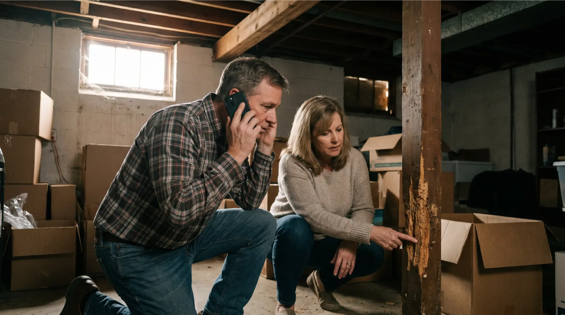 homeowners seeing termite damage in basement